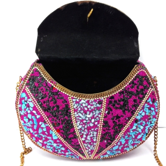 VINTAGE Handmade INDIAN Stones & Beads Mosaic Over Metal Top Flap Crossbody EUC - Picture 13 of 15